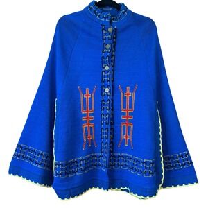 Montgomery Ward Vintage 70s Knit Cape Poncho Blue Tribal Aztec Boho Festival